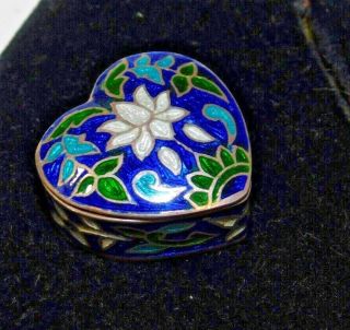 925 Sterling Silver Cloisonne Enamel Lotus Flower Heart Trinket Pill Box 7g 112