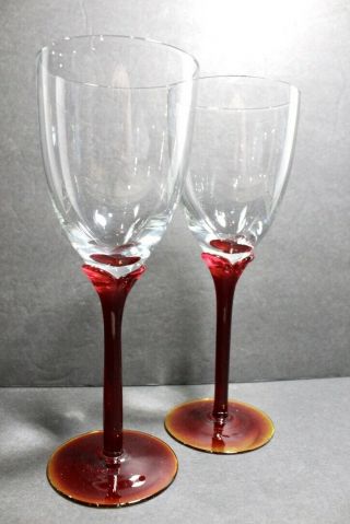 Vintage Hand Blown Wine Glass Set Of 2 Red Orange Stem And Base