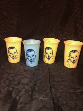 4 Vintage Gerber Baby Food Plastic Yellow & Blue Cups
