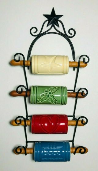 Embossing Rolling Pins Multi Color Decorative Set Of Four With Rack Wall Hanging