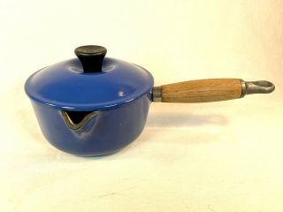 Vintage Le Creuset Blue 14 Saucepan Spout Wood Handle With Lid Cast Iron France