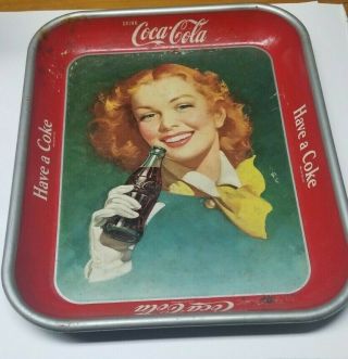 1948 Coca - Cola Tray,  Redhead Holding Coke Bottle