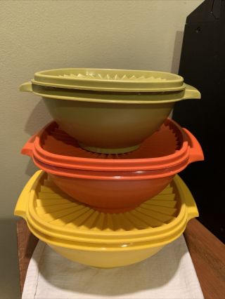 Vintage Tupperware 3 Servalier Nesting Bowls Lids Harvest Colors 836 838 840 Euc