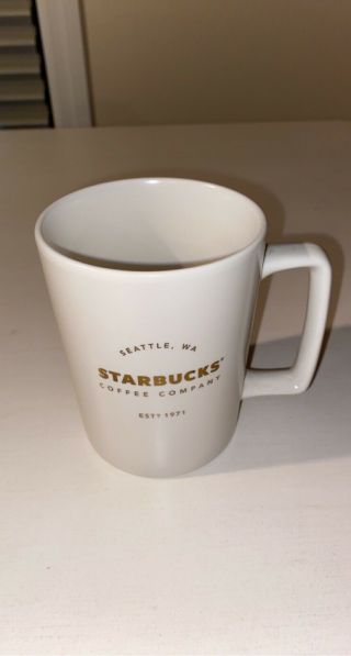 Starbucks Mug Seattle Est 1971 Coffee Company Gold Lettering White 16oz