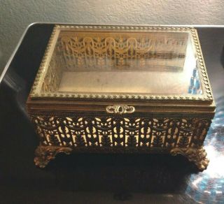 Vintage Stylebuilt Large Gold Ormolu Casket Trinket Jewelry Box Beveled Glass