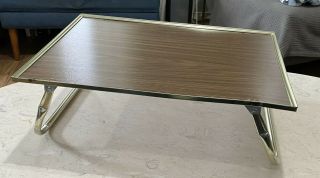 Vintage Lap Bed Tv Tray Table Woodgrain Gold Metal Trim Folding Serving Snack