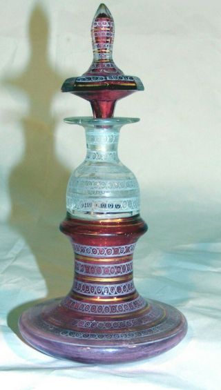 19th C Bohemian Cranberry Flashed Enamel Cut Glass Crystal Perfume Scent Bottle
