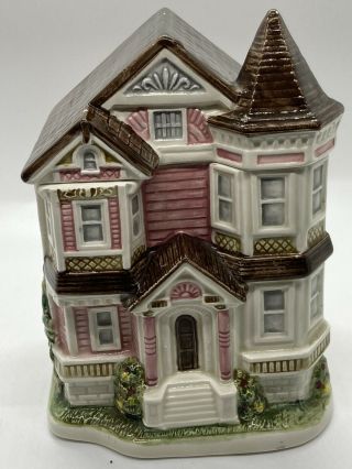 Vintage Otagiri Victorian House Ceramic Canister Jar Hand Painted Made In Japan