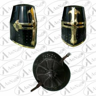 Africo Medieval Crusader Helmet Templar Knight Helmet Black Finish Brass Design