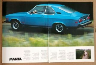 Opel Manta 1974 Print Ad Double Page Spread Blue German 70s Ephemera