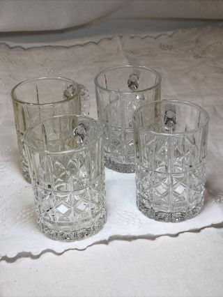 Vtg Pougine Set Of 4 Hand Cut Crystal Clear Glass Small Beer Mugs W/handles P/o