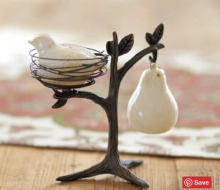 Pottery Barn Partridge In A Pear Tree Salt And Pepper Shakers Holder