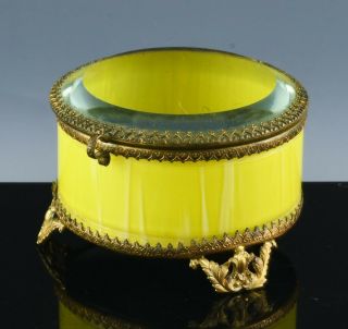 Antique Victorian Yellow Art & Clear Beveled Glass Gilt Metal Jewelry Ring Box