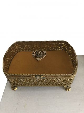 Vintage Stylebuilt Large Gold Ormolu Casket Trinket Jewelry Box Beveled Glass