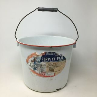 Vintage White Enamel Ware Bucket W/red Trim Handle Service Pail Farmhouse Decor