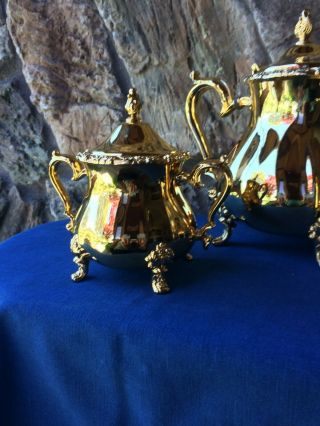 Webster Wilcox International Silver Co.  Gold Plated Coffee Pot Cream & Sugar Set 3