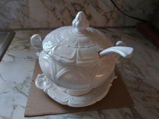 Vintage White Soup Tureen With Lid,  Plate And Ladle Size Is Medium,  Pre - Owned