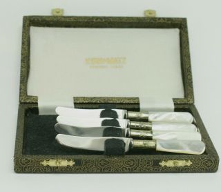 Vintage Kirk & Matz 4 Mother Of Pearl Small Butter Knife Set In Case Sheffield