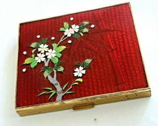 Vintage Gold Tone Powder Compact With Red Enamel Guilloche & Painted Flowers