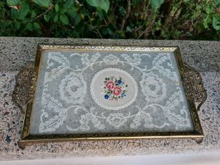 Vintage Filigree Petit Point Lace Embroidery Needlework Dressing Table Tray