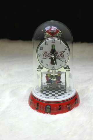 2002 Coca Cola Anniversary Clock With Glass Dome And Rotating Pendulum Diner