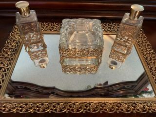 Filagree Mirrored Vanity Tray With Perfume Bottles And Trinket Box