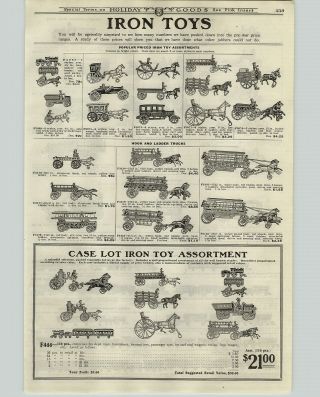 1922 Paper Ad Cast Iron Toys Ice Coal Wagon Fire Engines Trains Royal Circus
