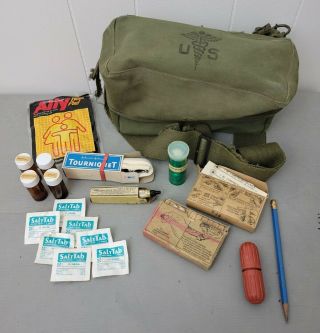 Vintage Jungle First Aid Kit Us Army Green Canvas Medic Travel Bag Zipper Pocket