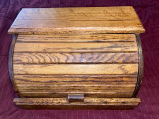 Vintage Oak Wooden Roll Top Bread Box 17” Long X 10” High X 12”