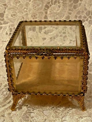 Vintage Gold Gilt Ormolu Beveled Glass - Jewelry Casket Box Footed Square Shape