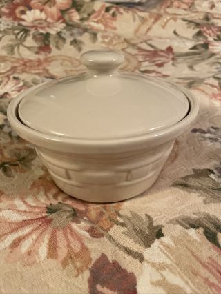 Longaberger Pottery Woven Traditions Ivory Covered Butter Dish W/ Lid Usa 5.  75”