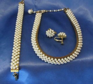 Vintage Hobe Faux Pearl Necklace/choker,  Bracelet And Earrings