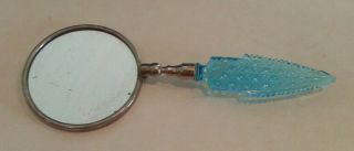 Vintage Art Deco Reticulated Vanity Hand Mirror Blue Glass Button Pattern Handle