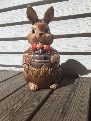 Vintage Ceramic Bunny Rabbit With Red Bow Tie Cookie Jar Japan