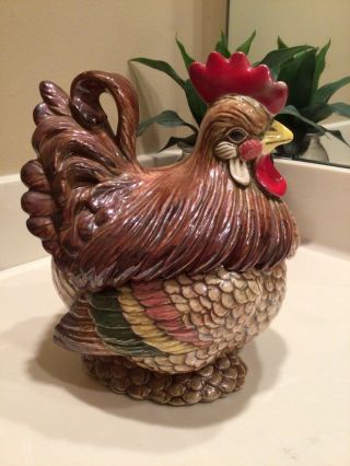 Vintage Atlantic Mold Hand Painted Ceramic Hen Rooster Chicken Cookie Jar 1970s