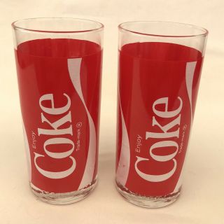 Iconic Set 2 Coke Coca Cola Soft Drinks Glasses Collectable Rare Vtg 13cm