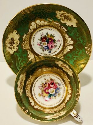 Reserved V - Crown Staffordshire Tea Cup Saucer Set Green Heavy Gold Gilt Roses