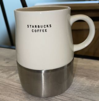 Starbucks Coffee Mug With Stainless Bottom 14oz 2004 White Ceramic Metal Cup Tea