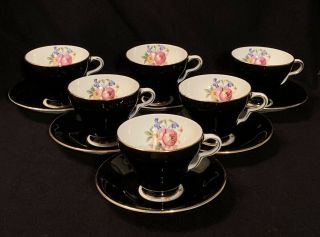 Set Of 6 Vintage Taylor & Kent Black & Floral Bone China Tea Cups & Saucers 6723