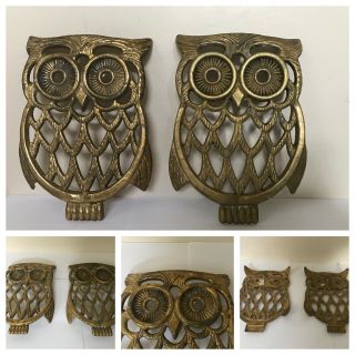 Vintage Mcm Brass Owl Trivet Hot - Plate Wall Decor Qty (2) 8 In X 6 In