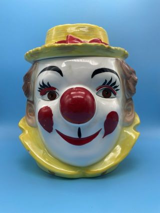 Vintage Ceramic Handpain​ted Clown Head Cookie Jar By Py Japan With Hat