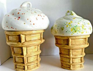 Vintage Pair Vanilla Ice Cream Swirl Cone Cookie Jar/ Canisters