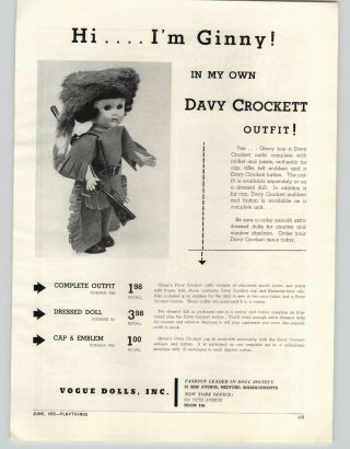 1955 Paper Ad Vogue Ginny Doll In A Davy Crockett Costume Fur Hat Cap
