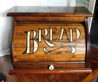 Vintage Wood Roll Top Bread Box Rustic Primitive Country Kitchen Décor Mcm