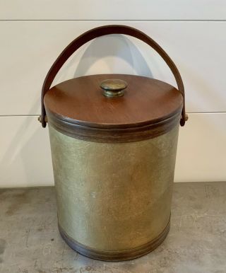Vintage Bacova Guild Wood And Gold Leaf Ice Bucket Plastic Liner Leather Handle