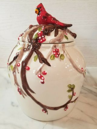 Blue Sky Ceramic Cardinal Bird Holiday Cookie Jar Canister Holly Berry Branch