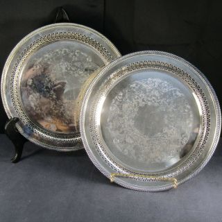 Wm Rogers Silver Plate 170 Platter Trays 12 " Pierced Engraved Floral Trim Set 2