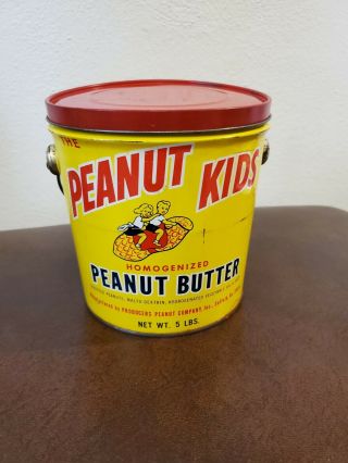 Vintage Peanut Kids Homogenized Peanut Butter 5 Lb Tin Bucket Flying Peanuts
