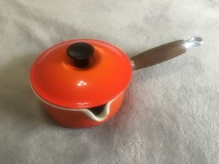 Vintage Flame Orange France Le Creuset 14 Enamel Sauce Pan Lid Wood Handle