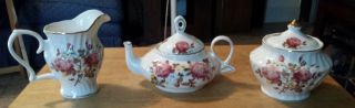 Graces Teaware Pink Rose Floral Accents Gold Trim Creamer Sugar Teapot Set